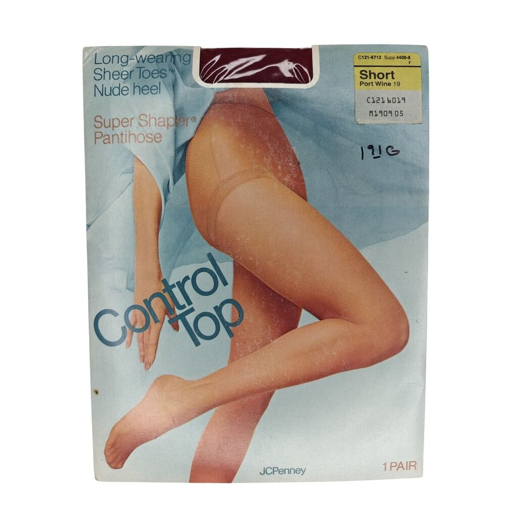JCPenney Control Top Super Shaper Pantyhose Short Port Wine Sheer Toes Nude Heel